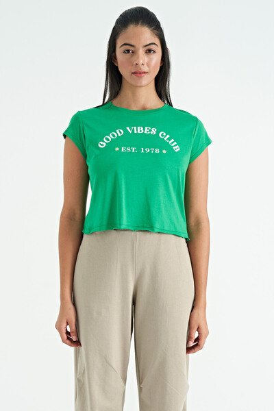 Tommylife Toptan Yeşil Yazı Baskılı Rahat Kalıp O Yaka Kadın Basic T-Shirt - 02255 - Thumbnail