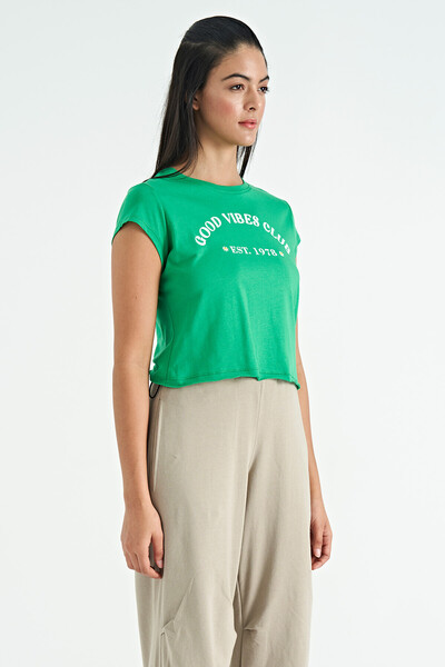 Tommylife Toptan Yeşil Yazı Baskılı Rahat Kalıp O Yaka Kadın Basic T-Shirt - 02255 - Thumbnail