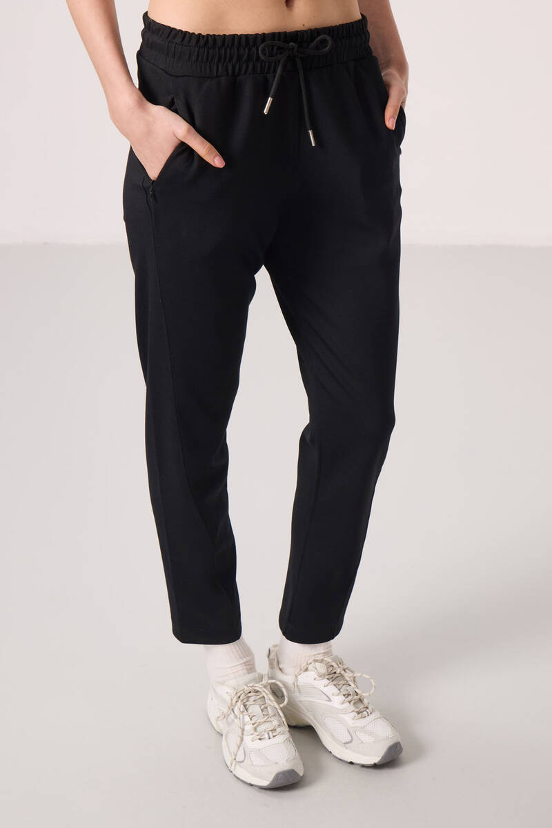 TOMMYLIFE - Tommylife Toptan Yumuşak Dokulu Gizli Fermuarlı Dar Paça Kadın Pantolon - 94668 Siyah