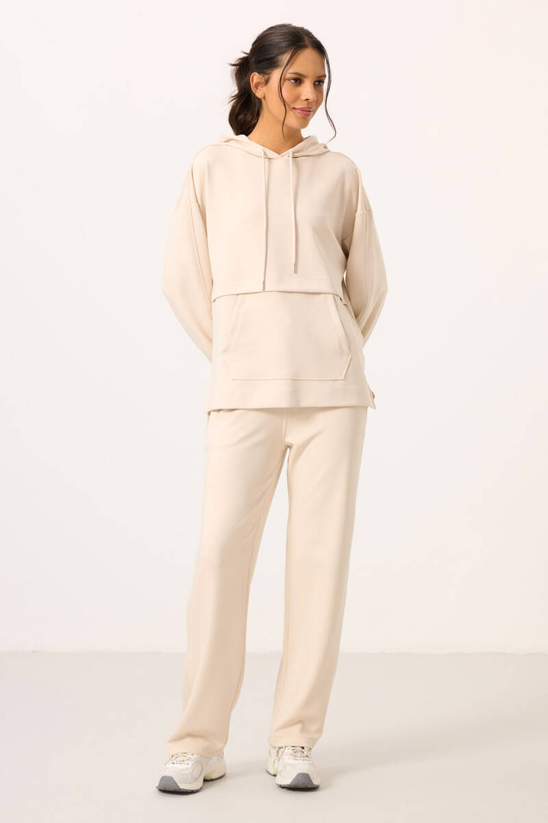 TOMMYLIFE - Tommylife Toptan Yumuşak Dokulu Kapüşonlu Oversize Kadın Eşofman Tunik Takım - 95348 Bej