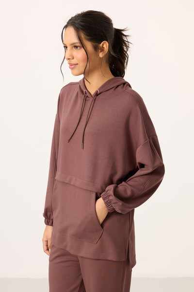 Tommylife Toptan Yumuşak Dokulu Kapüşonlu Oversize Kadın Eşofman Tunik Takım - 95348 Kahverengi - Thumbnail