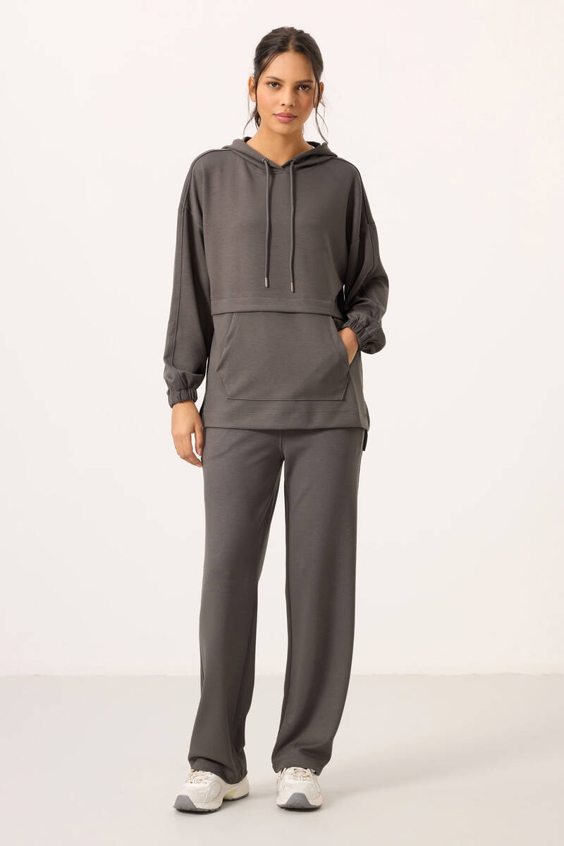 TOMMYLIFE - Tommylife Toptan Yumuşak Dokulu Kapüşonlu Oversize Kadın Eşofman Tunik Takım - 95348 Koyu Gri