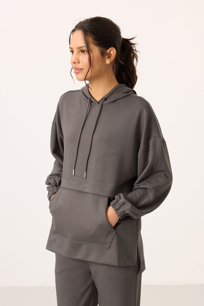 Tommylife Toptan Yumuşak Dokulu Kapüşonlu Oversize Kadın Eşofman Tunik Takım - 95348 Koyu Gri - Thumbnail
