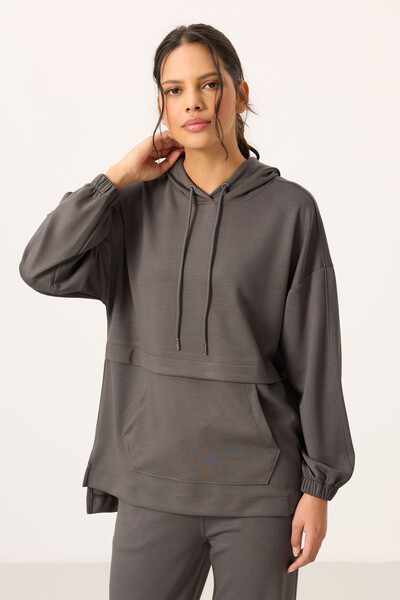 Tommylife Toptan Yumuşak Dokulu Kapüşonlu Oversize Kadın Eşofman Tunik Takım - 95348 Koyu Gri - Thumbnail
