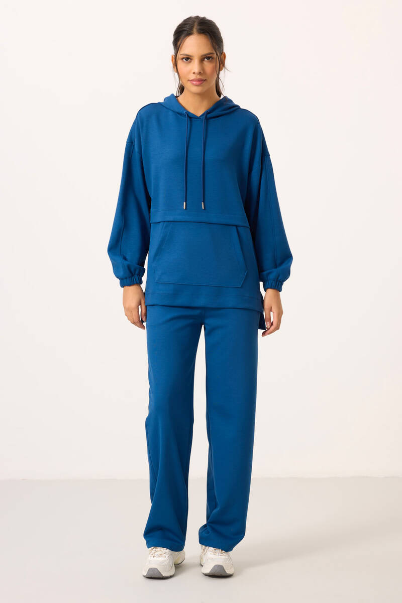 TOMMYLIFE - Tommylife Toptan Yumuşak Dokulu Kapüşonlu Oversize Kadın Eşofman Tunik Takım - 95348 Parlament