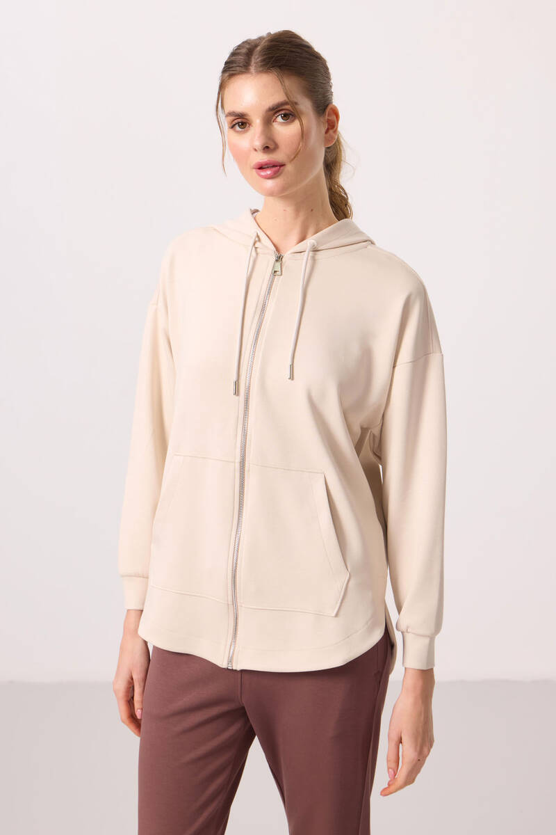 TOMMYLIFE - Tommylife Toptan Yumuşak Dokulu Kapüşonlu Oversize Kadın Tunik Sweatshirt - 97302 Bej