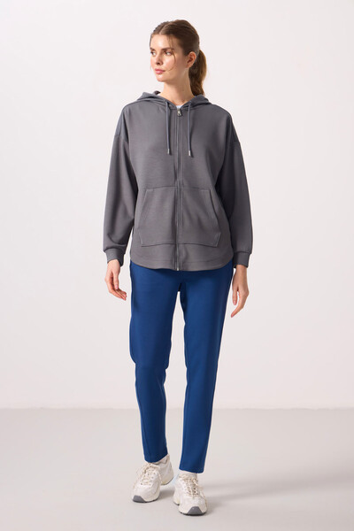 Tommylife Toptan Yumuşak Dokulu Kapüşonlu Oversize Kadın Tunik Sweatshirt - 97302 Koyu Gri - Thumbnail