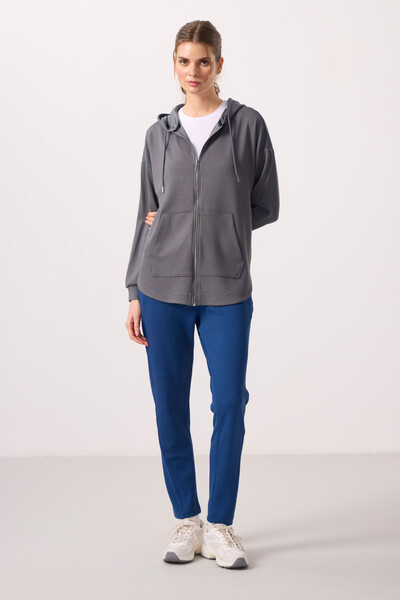 Tommylife Toptan Yumuşak Dokulu Kapüşonlu Oversize Kadın Tunik Sweatshirt - 97302 Koyu Gri - Thumbnail