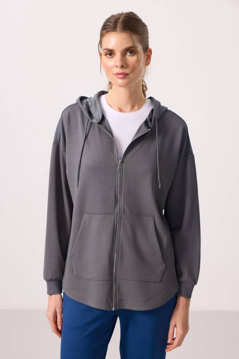 TOMMYLIFE - Tommylife Toptan Yumuşak Dokulu Kapüşonlu Oversize Kadın Tunik Sweatshirt - 97302 Koyu Gri