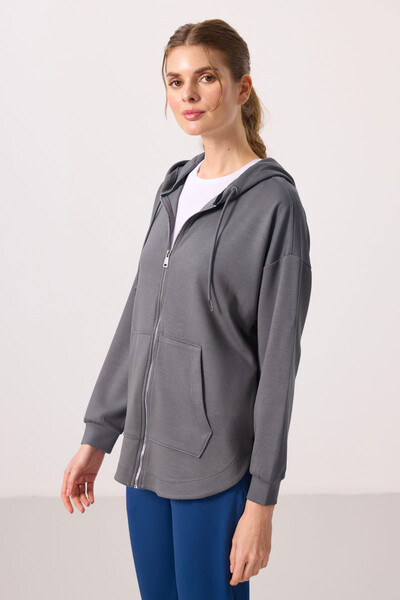 Tommylife Toptan Yumuşak Dokulu Kapüşonlu Oversize Kadın Tunik Sweatshirt - 97302 Koyu Gri - Thumbnail