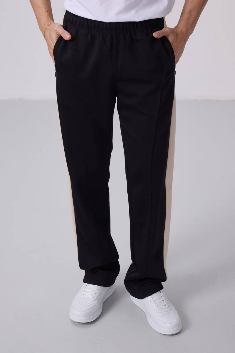 TOMMYLIFE - Tommylife Toptan Yüzeyi Dokulu Standart Fit Palazzo Erkek Pantolon 82171 Siyah Bej