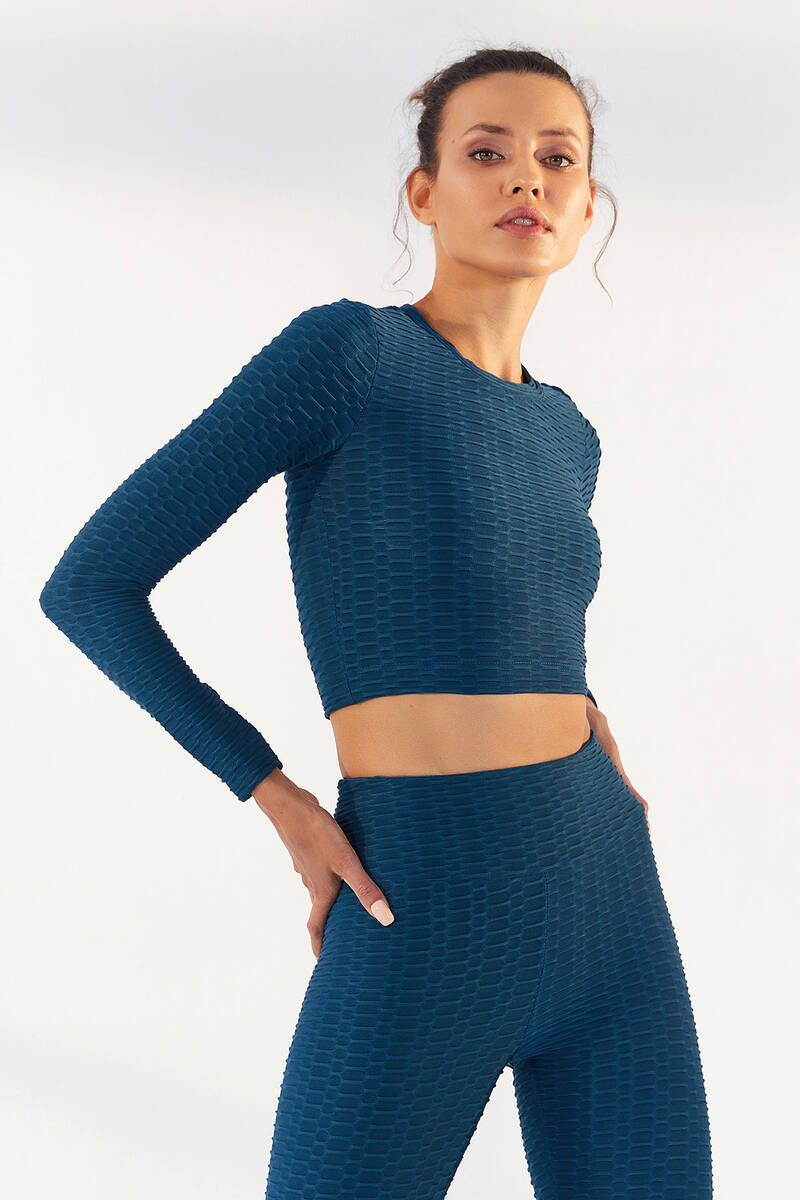 TOMMYLIFE - Tommylife Toptan Zümrüt Kendinden Desenli O Yaka Uzun Kol Kadın Crop Top T-Shirt - 97153