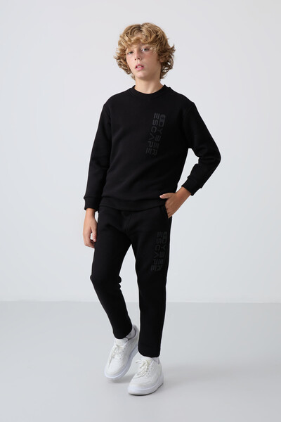 Tommylife Wholesale 3-9 Age Crew Neck Boys' Tracksuit Set 11233 Black - Thumbnail