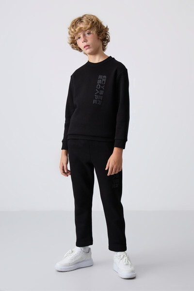 Tommylife Wholesale 3-9 Age Crew Neck Boys' Tracksuit Set 11233 Black - Thumbnail