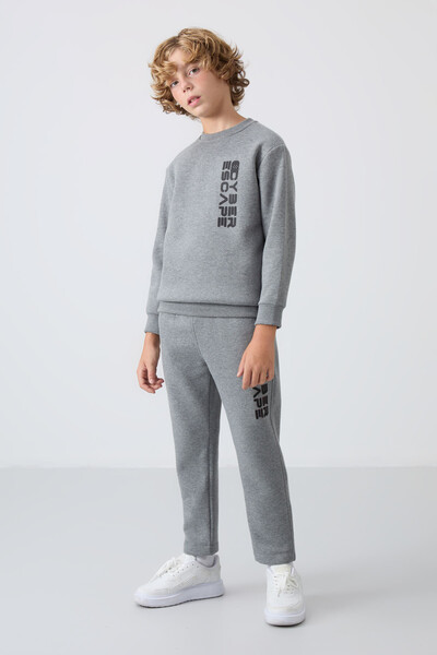 Tommylife Wholesale 3-9 Age Crew Neck Boys' Tracksuit Set 11233 Gray Melange - Thumbnail