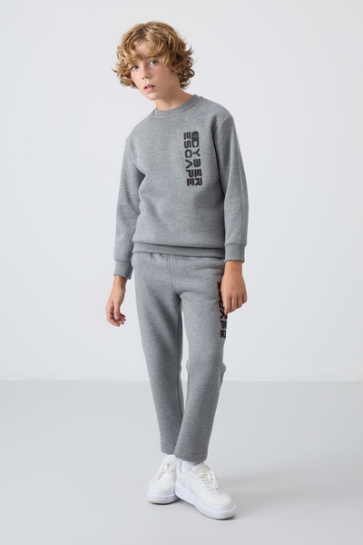 Tommylife Wholesale 3-9 Age Crew Neck Boys' Tracksuit Set 11233 Gray Melange - Thumbnail