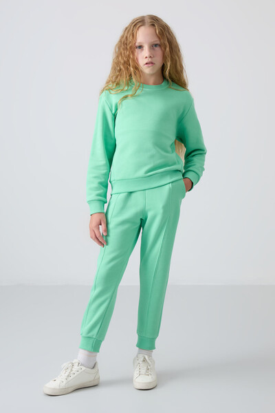 Tommylife Wholesale 3-9 Age Crew Neck Oversize Girls Tracksuit Set 75145 Aqua Green - Thumbnail