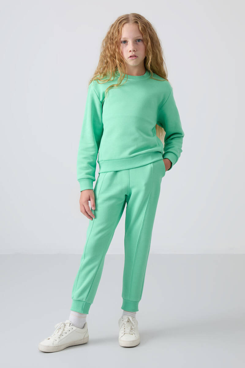 TommyLife - Tommylife Wholesale 3-9 Age Crew Neck Oversize Girls Tracksuit Set 75145 Aqua Green
