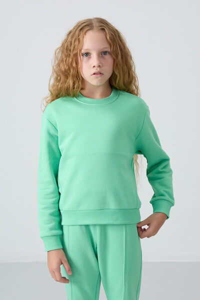 Tommylife Wholesale 3-9 Age Crew Neck Oversize Girls Tracksuit Set 75145 Aqua Green - Thumbnail