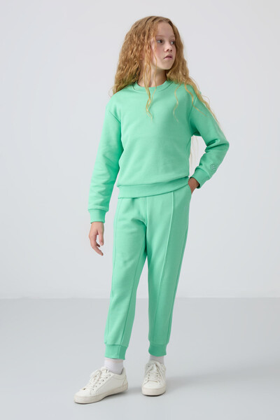 Tommylife Wholesale 3-9 Age Crew Neck Oversize Girls Tracksuit Set 75145 Aqua Green - Thumbnail