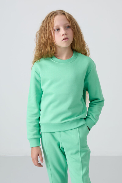 Tommylife Wholesale 3-9 Age Crew Neck Oversize Girls Tracksuit Set 75145 Aqua Green - Thumbnail