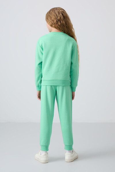 Tommylife Wholesale 3-9 Age Crew Neck Oversize Girls Tracksuit Set 75145 Aqua Green - Thumbnail