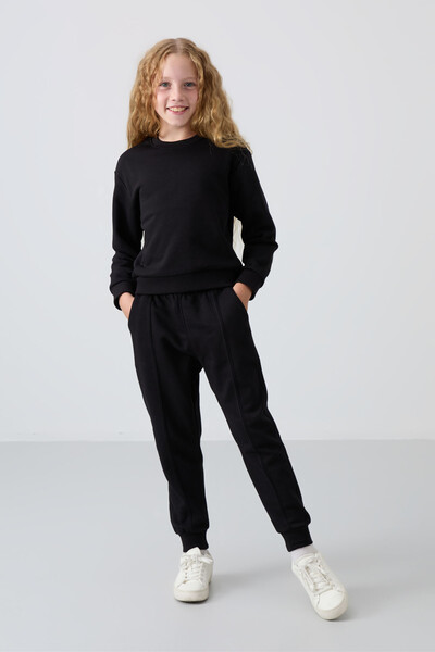 Tommylife Wholesale 3-9 Age Crew Neck Oversize Girls Tracksuit Set 75145 Black - Thumbnail