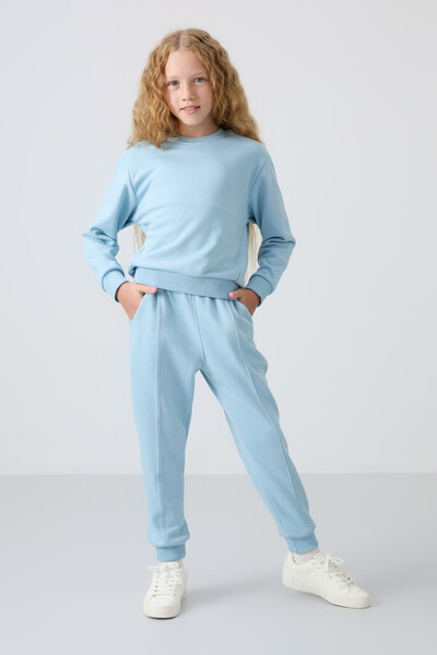 Tommylife Wholesale 3-9 Age Crew Neck Oversize Girls Tracksuit Set 75145 Light Blue - Thumbnail