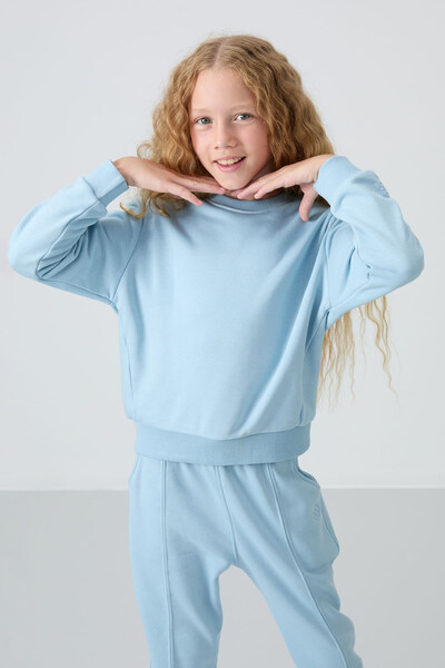 Tommylife Wholesale 3-9 Age Crew Neck Oversize Girls Tracksuit Set 75145 Light Blue - Thumbnail