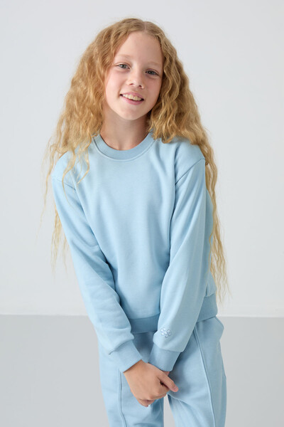 Tommylife Wholesale 3-9 Age Crew Neck Oversize Girls Tracksuit Set 75145 Light Blue - Thumbnail