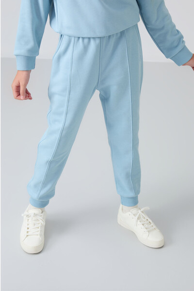 Tommylife Wholesale 3-9 Age Crew Neck Oversize Girls Tracksuit Set 75145 Light Blue - Thumbnail