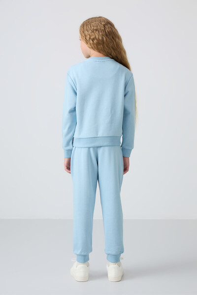 Tommylife Wholesale 3-9 Age Crew Neck Oversize Girls Tracksuit Set 75145 Light Blue - Thumbnail