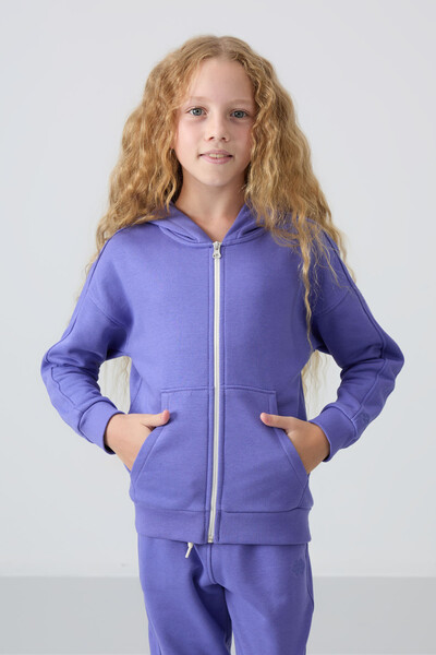 Tommylife Wholesale 3-9 Age Hooded Standard Fit Girls Tracksuit Set 75148 Amethyst - Thumbnail