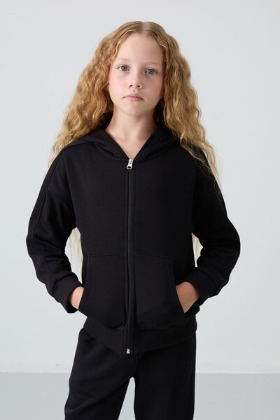 Tommylife Wholesale 3-9 Age Hooded Standard Fit Girls Tracksuit Set 75148 Black - Thumbnail