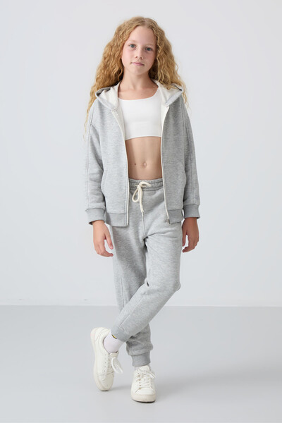 Tommylife Wholesale 3-9 Age Hooded Standard Fit Girls Tracksuit Set 75148 Gray Melange - Thumbnail