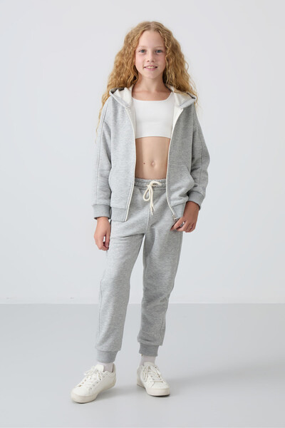 Tommylife Wholesale 3-9 Age Hooded Standard Fit Girls Tracksuit Set 75148 Gray Melange - Thumbnail