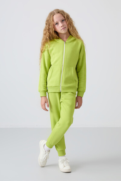 Tommylife Wholesale 3-9 Age Hooded Standard Fit Girls Tracksuit Set 75148 Lime Green - Thumbnail