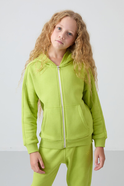 Tommylife Wholesale 3-9 Age Hooded Standard Fit Girls Tracksuit Set 75148 Lime Green - Thumbnail