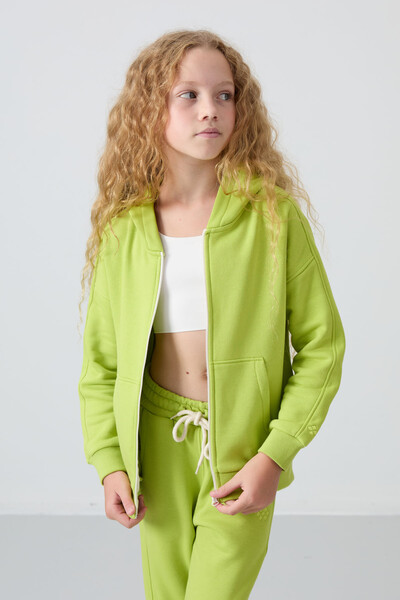 Tommylife Wholesale 3-9 Age Hooded Standard Fit Girls Tracksuit Set 75148 Lime Green - Thumbnail