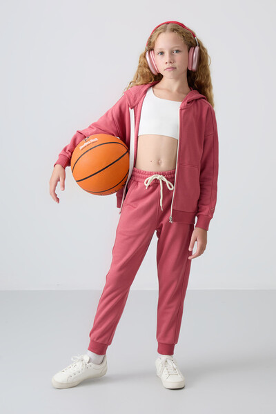 Tommylife Wholesale 3-9 Age Hooded Standard Fit Girls Tracksuit Set 75148 Wild Rose - Thumbnail