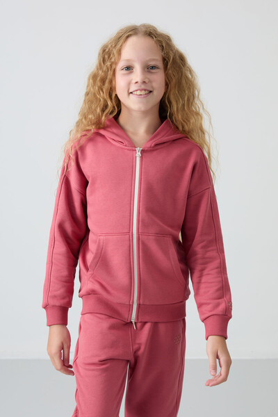 Tommylife Wholesale 3-9 Age Hooded Standard Fit Girls Tracksuit Set 75148 Wild Rose - Thumbnail