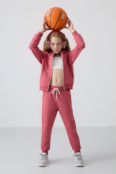 Tommylife Wholesale 3-9 Age Hooded Standard Fit Girls Tracksuit Set 75148 Wild Rose - Thumbnail