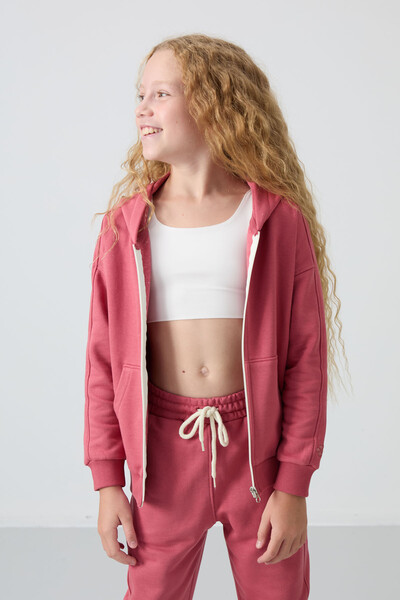 Tommylife Wholesale 3-9 Age Hooded Standard Fit Girls Tracksuit Set 75148 Wild Rose - Thumbnail