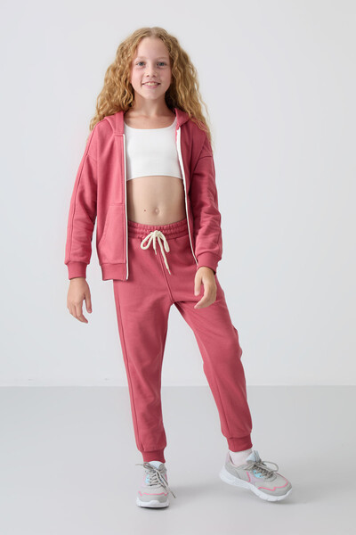 Tommylife Wholesale 3-9 Age Hooded Standard Fit Girls Tracksuit Set 75148 Wild Rose - Thumbnail