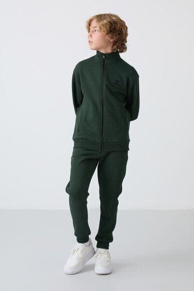 Tommylife Wholesale 3-9 Age Stand Collar Boys' Tracksuit Set 11256 Pine Green - Thumbnail