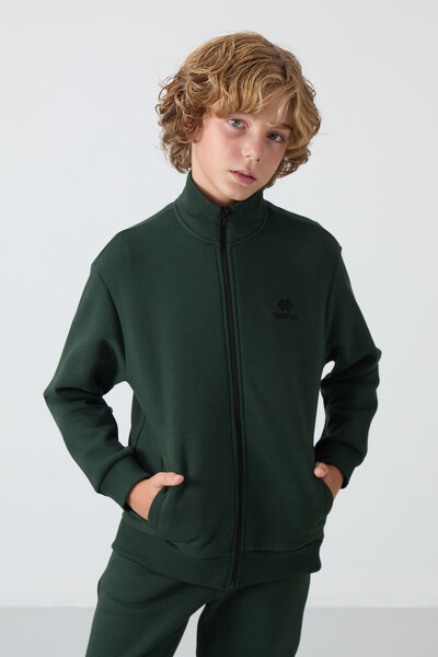 Tommylife Wholesale 3-9 Age Stand Collar Boys' Tracksuit Set 11256 Pine Green - Thumbnail