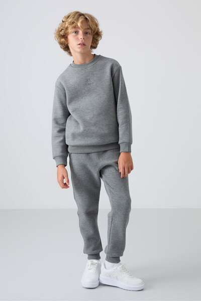 Tommylife Wholesale 7-15 Age Crew Neck Boys' Tracksuit Set 11249 Gray Melange - Thumbnail