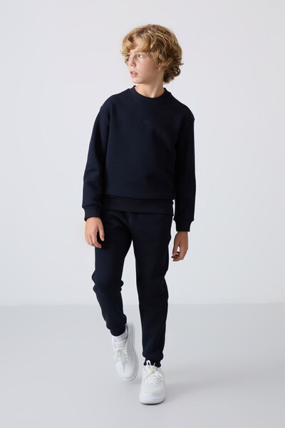 Tommylife Wholesale 7-15 Age Crew Neck Boys' Tracksuit Set 11249 Navy Blue - Thumbnail