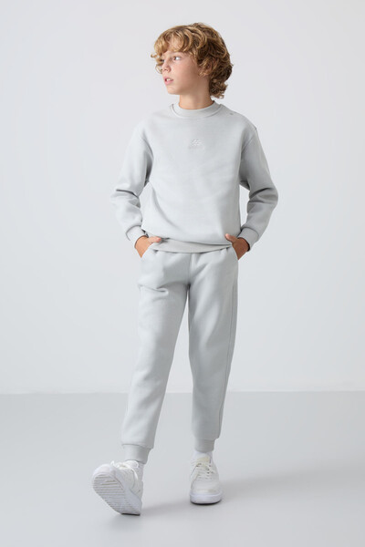 Tommylife Wholesale 7-15 Age Crew Neck Boys' Tracksuit Set 11249 Stone - Thumbnail