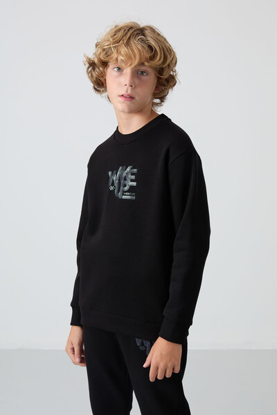 Tommylife Wholesale 7-15 Age Crew Neck Boys' Tracksuit Set 11253 Black - Thumbnail